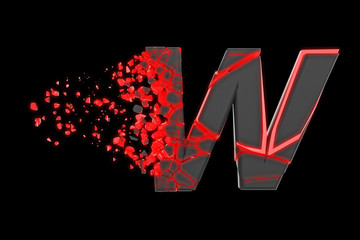 Aufkleber - Broken shattered fast sporty alphabet letter W uppercase. Crushed speedy racing font. 3D render isolated on black background.
