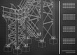 Building. Metal constructions. Volumetric constructions. 3D design. Abstract backgrounds. Cover, background, banner. Black background. Points