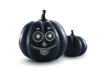 Black vector Halloween pumpkins with doodle style white funny face