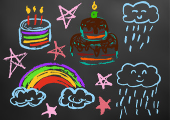 Children's drawing color chalk on a blackboard. Design elements of packaging, postcards, wraps, covers. Sweet children's creativity. Cake, candles, sweets, birthday, stars, clouds, rainbow, rain