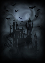 Black And White Halloween Poster Vector Background With Dark Vampire Castle Silhouette, Moon And Bats In Gray Fog