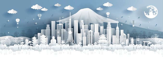 Panorama postcard of world famous landmarks of Tokyo city, Japan in paper cut style vector illustration