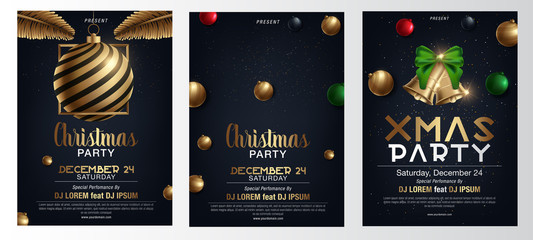 Wall Mural - merry christmas party glass ball and gift box for flyer brochure design on red background invitation
