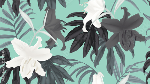 Botanical seamless pattern, black and white lily flowers and leaves on blue b...