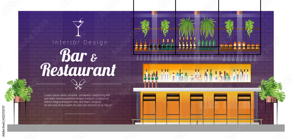 Interior background with modern pub , bar counter scene , vector ...