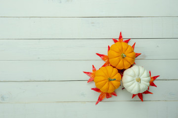 Wall Mural - Table top view aerial image of decoration Happy Halloween or Thanksgiving day background concept.Flat lay accessories object to party the pumpkin & maple on white wooden.Space for creative design.