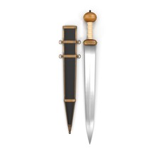 Roman Gladius Short Sword With Sheath On White. Top View. 3D Illustration