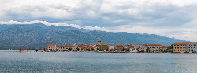 Traditional old village Vinjerac, Croatia, Velebit mountains and Paklenica national park in background