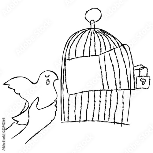 Fotografie, Obraz Hand Put a bird to the cage hand drawn cartoon