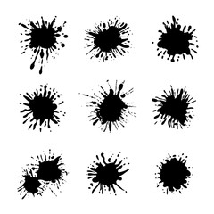 Wall Mural - Vector Set of Paint Splatters, Black Ink Abstract Shapes Isolated.