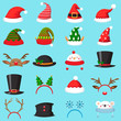 © Tartila - Cartoon christmas hat. Xmas different hats, winter masquerade masks. Elves ears, deer horns and snowman mask vector set