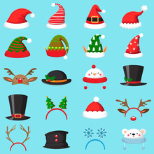 Cartoon Christmas Hat. Xmas Different Hats, Winter Masquerade Masks. Elves Ears, Deer Horns And Snowman Mask Vector Set
