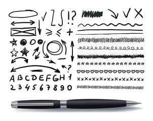 Wall Mural - vector set of hand drawn elements with realistic black pen.