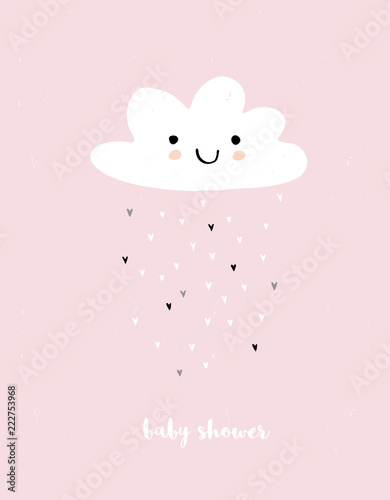 Foto-Schiebegardine mit Schienensystem - Cute Simple Baby Shower Vector Card. White Fluffy Smiling Cloud on a Light Pink Grunge Background. Rain of Irregular Shape Tiny Hearts. White Baby Shower Text.  (von Magdalena)