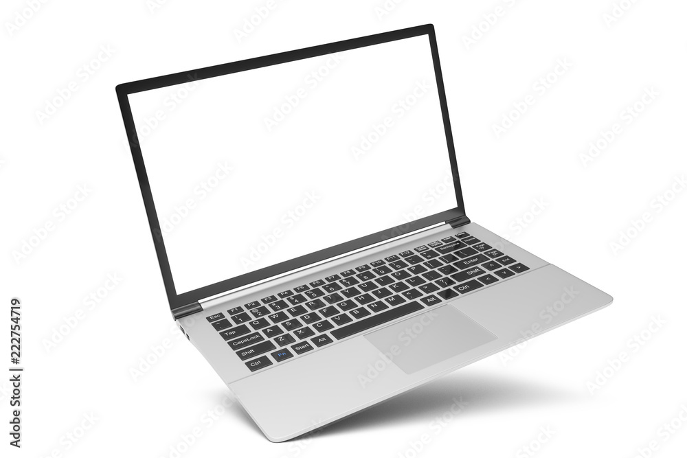 3D illustration Laptop isolated on white background. Laptop with empty space, screen laptop at an angle. - obrazy, fototapety, plakaty 