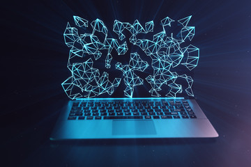 Wall Mural - 3D illustration Laptop. Laptop laptop on dark background. With a laptop screen hologram, connecting points with lines, the concept of transferring large data