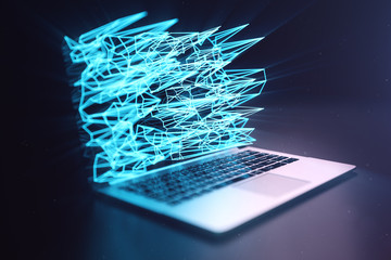 Wall Mural - 3D illustration Laptop. Laptop laptop on dark background. With a laptop screen hologram, connecting points with lines, the concept of transferring large data