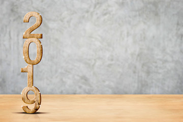 Poster - Happy new year 2019 wood (3d rendering) in perspective wood floor and concrete wall room,Holiday concept,Leave space for display of product for advertise promotion.Holiday mock up banner.