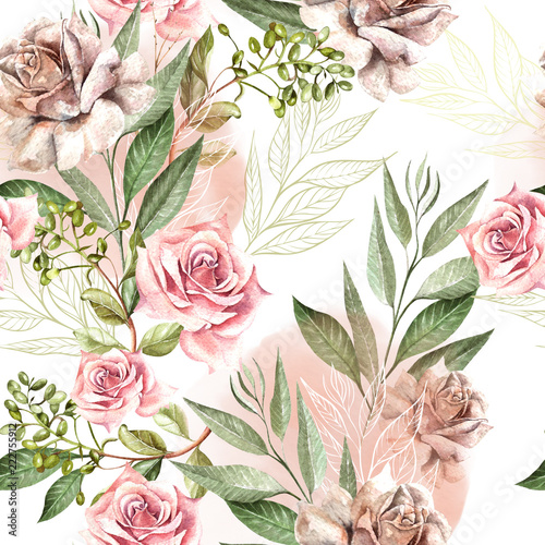 Beautiful watercolor pattern with rose flowers and eucalyptus leaves.