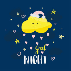  Vector template night cards with cute cartoon characters and phrases with lettering.