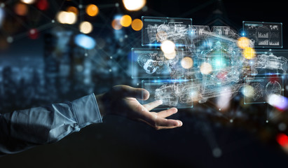 Poster - businessman using wireframe holographic 3d digital projection of an engine