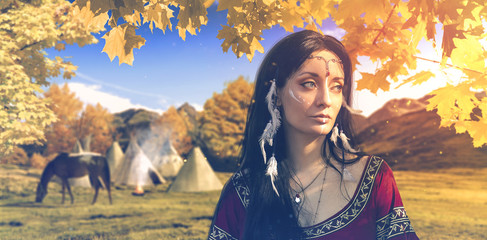 Attractive native american girl in autumn wood, photo manipulation 