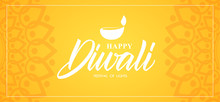 Happy Diwali. Greeting Banner Wit Hand Type Lettering, Indian Ornament And Lamp.