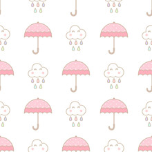 Cute Cloud And Umbrella Seamless Pattern Decorated With Rain And Polkadot On White Background In Pastel Theme. The Clounds Are Smiling And Having Fun With Their Rain.
