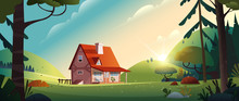 Country House In The Forest. Farm In The Countryside. Cottage Among Trees. Cartoon Vector Illustration