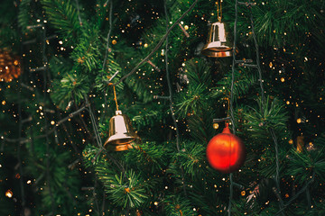 Wall Mural - vintage christmas tree with ball decoration and sparkle light filter effect. christmas and new year 