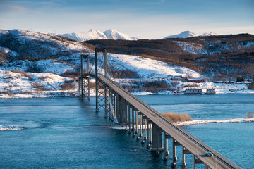 Wall Mural - bridge at the day time. road and trasport. natural landscape in the lofoten islands, norway. archite