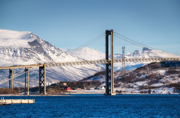 Wall Mural - Bridge at the day time. Road and trasport. Natural landscape in the Lofoten islands, Norway. Architecture and landscape.