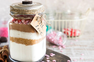 Mixture of ingredients for baking cookies for Valentine's Day