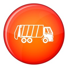 Poster - Garbage truck icon in red circle isolated on white background vector illustration