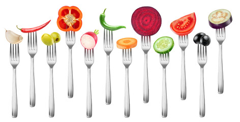 Wall Mural - Isolated vegetables collection. Pieces of garlic, peppers, olives, radish, carrot, beet, cucumber, tomato and eggplant on a fork isolated on white background with clipping path
