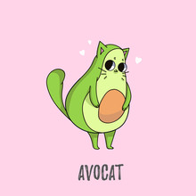 Cute Avocado Cat Illustration. Cat Design For Greeting Cards, Prints, Posters Etc