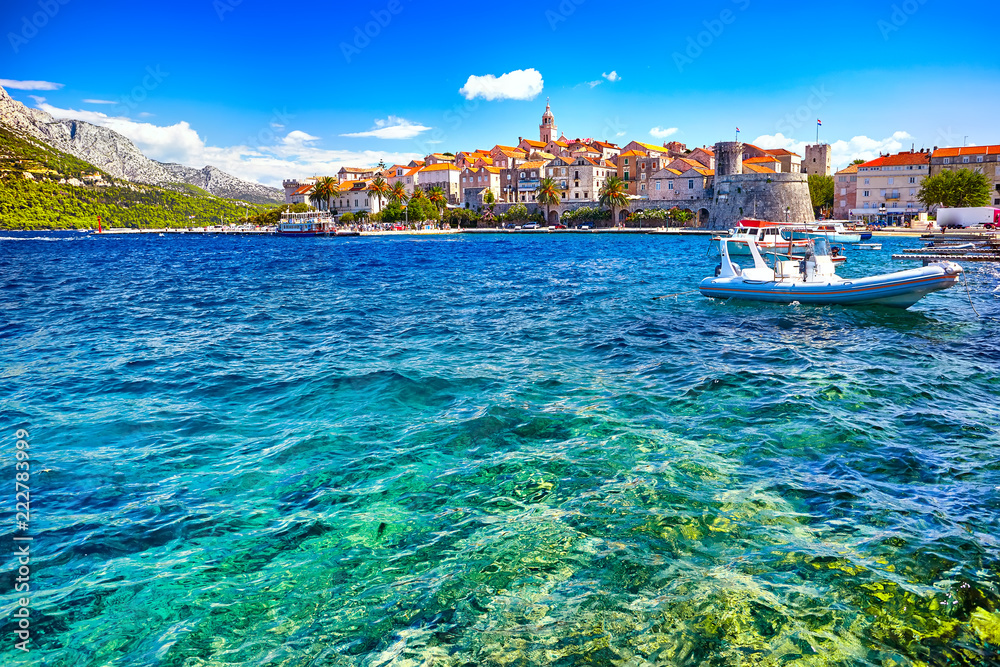 Seafront view at Korcula old town, historic island and travel european destination in Croatia - obrazy, fototapety, plakaty 
