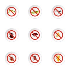 Sticker - Prohibited insects icons set. Flat illustration of 9 prohibited insects vector icons for web