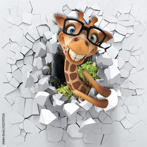 Nowoczesny obraz na płótnie 3d background, little giraffe peeping from a broken wall. 3D wall looks very lovely and also brings different colors to room! It will visually expand children’s room, become an accent in the interior