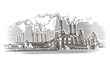 Industrial landscape engraving style illustration. Vector, isolated, layered. 