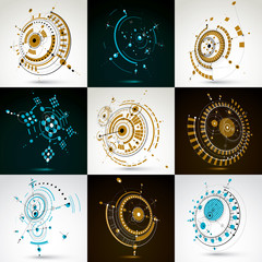 Fototapete - Collection of vector abstract backgrounds created in Bauhaus retro style. Modern geometric composition can be used as templates and layouts. Engineering technological wallpaper made with circles.