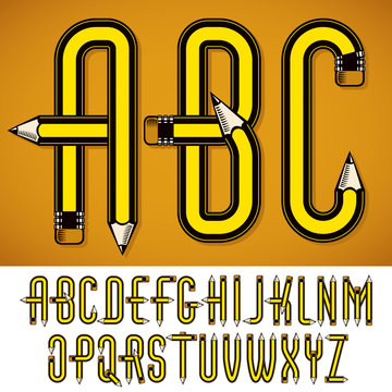 Set of vector capital alphabet letters isolated created using stationery design, constructed with pencils. For use in reporting and journalism.
