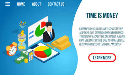 Poster - Time is money concept banner. Isometric banner of time is money vector concept for web, giftcard and postcard