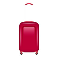 Sticker - Red travel bag icon. Realistic illustration of red travel bag vector icon for web design isolated on white background