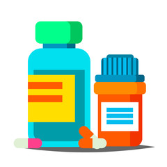 Sticker - Pills Bottle Vector. Medical Capsules Container. Pharmacy, Drug. Isolated Cartoon Illustration