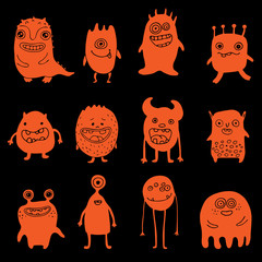 Wall Mural - set of hand-drawn orange monsters on black, collection of halloween doodle characters