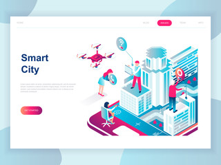 Poster - Modern flat design isometric concept of Smart City for banner and website. Isometric landing page template. Business center with skyscrapers, streets of the city connected roads. Vector illustration.