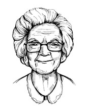 Sketch Of Old Woman Face, Pensioner. Grandma. Hand Drawn Vector Illustrtion