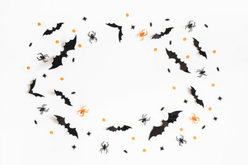 Halloween decorations on white background. Halloween concept. Flat lay, top view, copy space