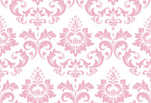 Wallpaper In The Style Of Baroque. Seamless Vector Background. White And Pink Floral Ornament. Graphic Pattern For Fabric, Wallpaper, Packaging. Ornate Damask Flower Ornament